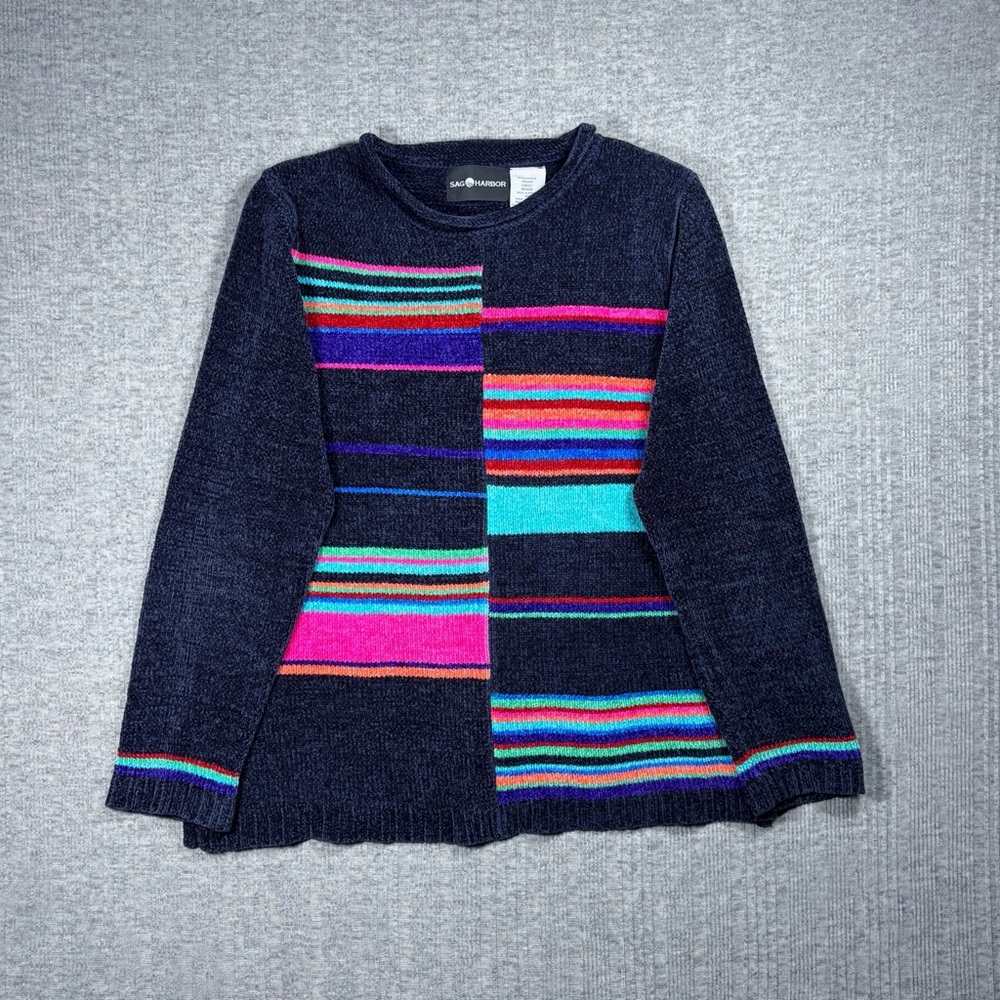 Vintage Geometric Colorblock Sweater Women’s Large Chenille Sag Harbor Soft Y2K